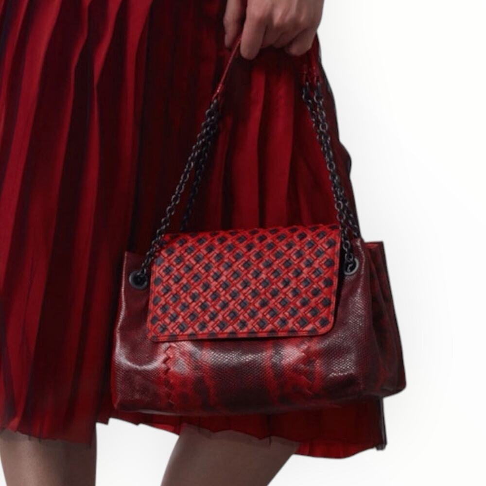Python Leather Red Shoulder Bag With Chain Strap - Picture 5 of 12
